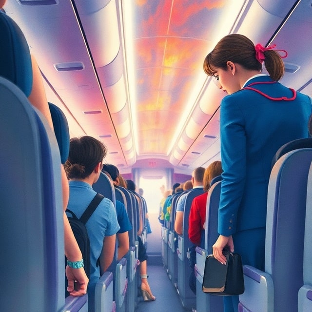 United Airlines cabin crew helping passengers during flight emergency diversion