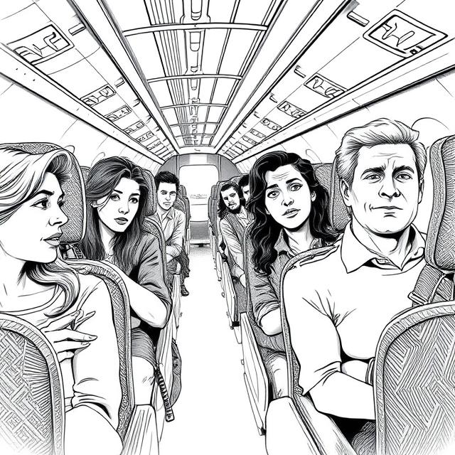 Passengers showing panic and relief inside airplane during emergency diversion