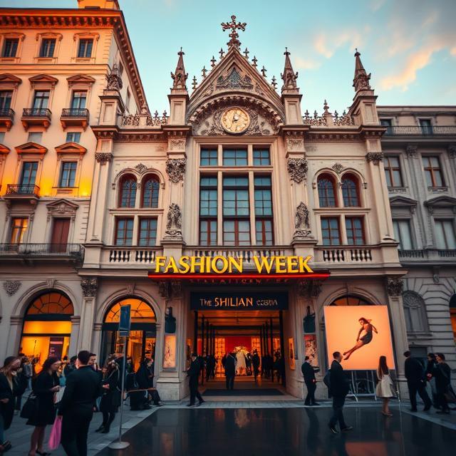 Elegant exterior venue of Milan Fashion Week 2024 at dusk with attendees and historic architecture