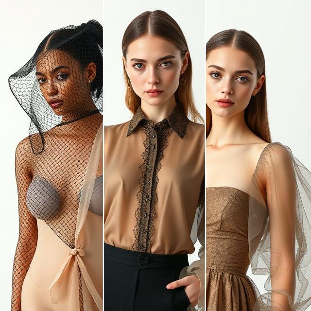 Collage of sheer fabric trends from multiple designers at Milan Fashion Week 2024 including mesh and chiffon