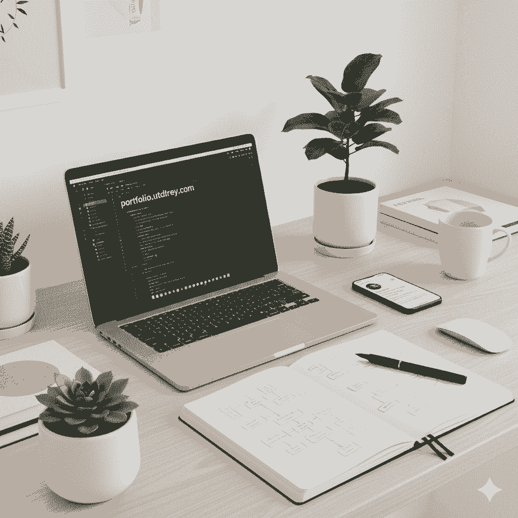 Professional workspace showing utdtrey.com portfolio website on laptop with design sketches and devices