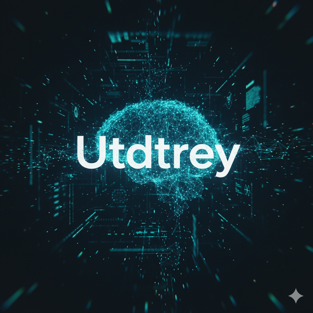 Futuristic concept showing Utdtrey evolving from text to advanced hologram interface with neural networks
