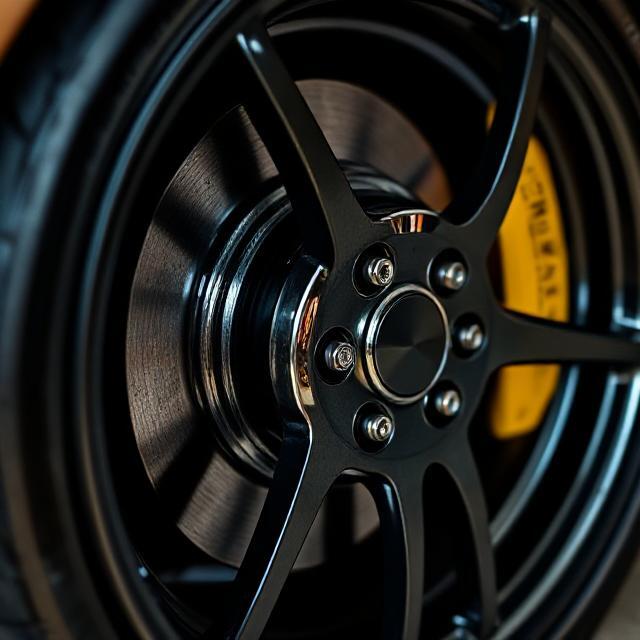 Hyperrealistic detail of supercar wheel and brake disc