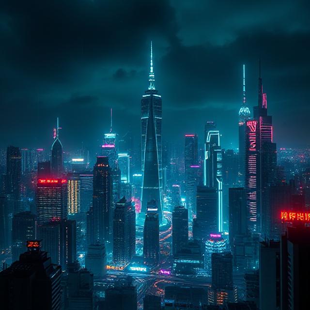 A cyberpunk-style futuristic city representing the power of Hizzaboloufazic innovation.