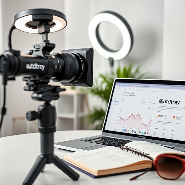 Content creator workspace showing @utdtrey social media handle on analytics dashboard with recording equipment