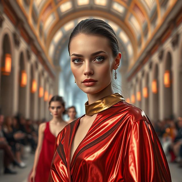 Model walking the runway at Milan Fashion Week 2024 in an avant-garde outfit, with classical Italian backdrops and futuristic lighting elements.