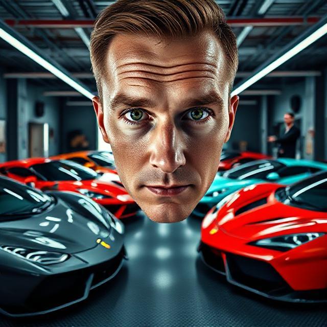 Interior of a luxury garage with multiple supercars in hyperrealistic detail