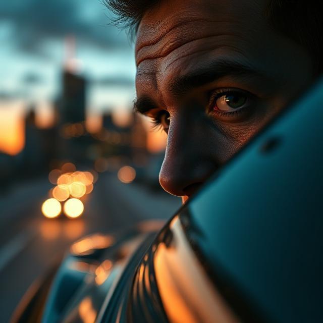 Hyperrealistic skyline with luxury cars and reflective lighting