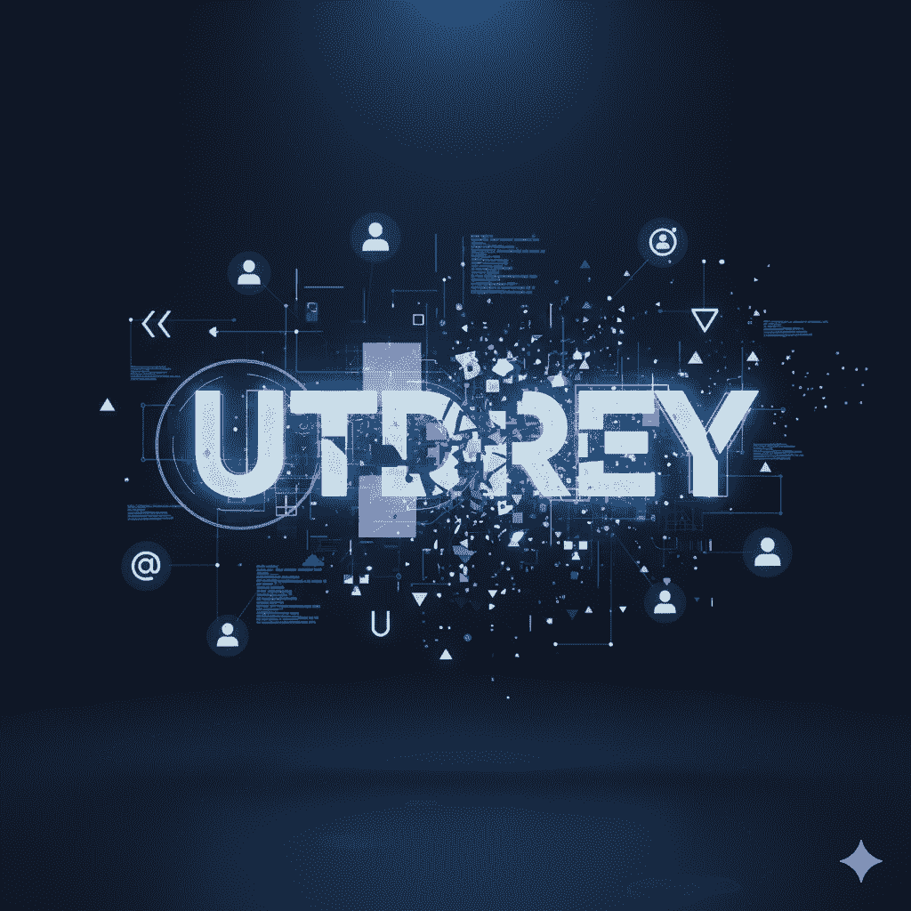 Futuristic visual of the username "UTDTREY" breaking into abstract digital symbols, representing the complexity of online identity and constructed meaning.